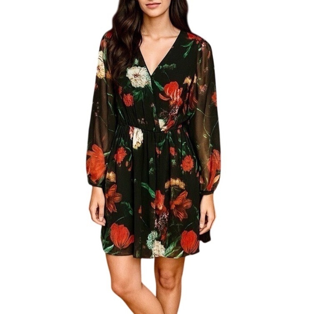 Express Black/Red Floral Sleeve with V-Neck Dress